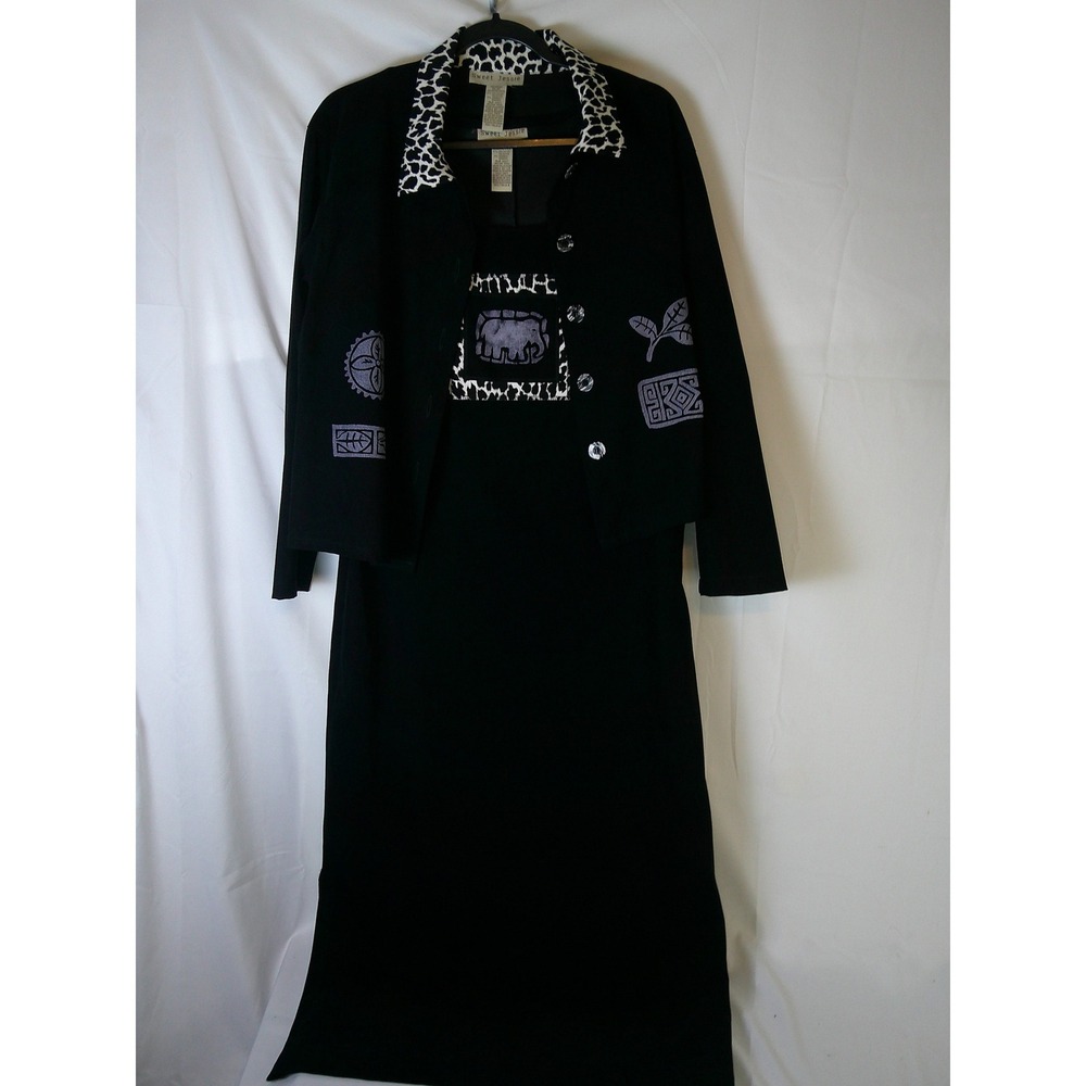 Sweet Jessie Black Dress Jacket Set‎ Animal Print Collar Tribal Print Size 8